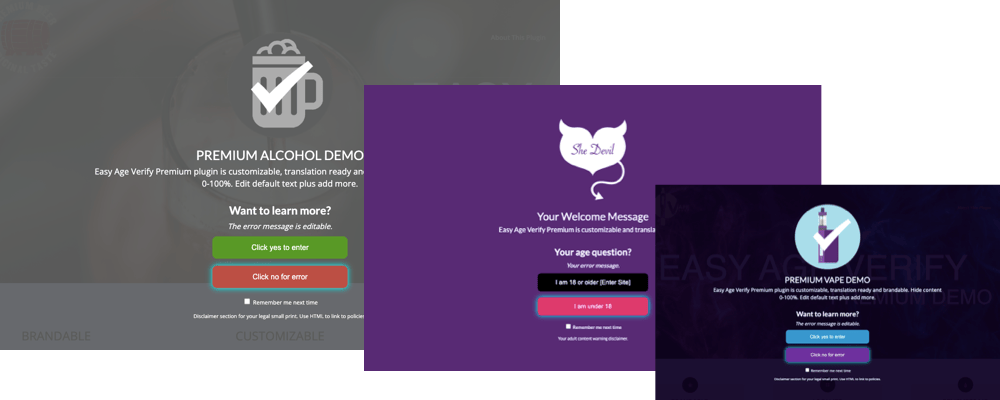 Screenshots of branded alcohol, adult, and vape age window.