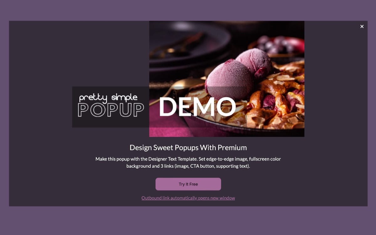 Pretty Simple Popup plugin Premium screenshot with fullscreen text popup